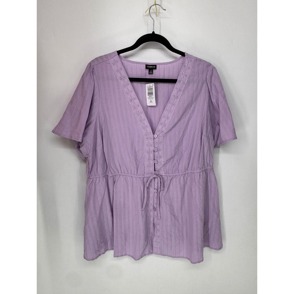 Torrid Blouse Women 2X Purple NWT V-Neck Button Front Drawstring Waist Cotton